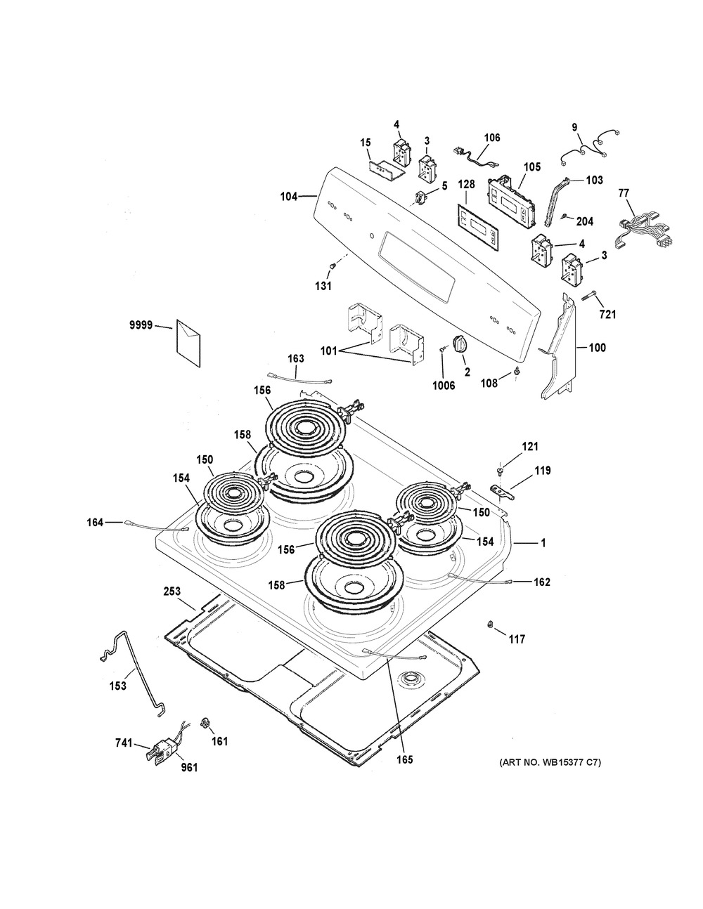 Control Panel & Cooktop Diagram and Parts List for JBS360DM1WW  General Electric Range
