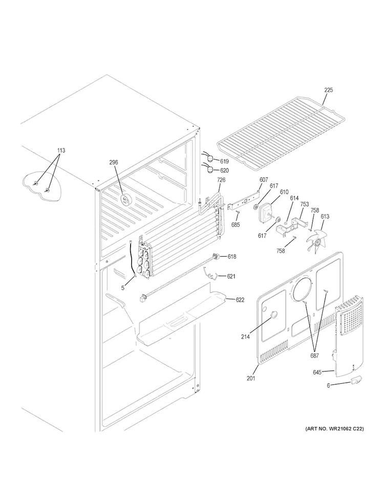 Freezer Section Diagram and Parts List for GTE18GMHBRES  General Electric Refrigerator
