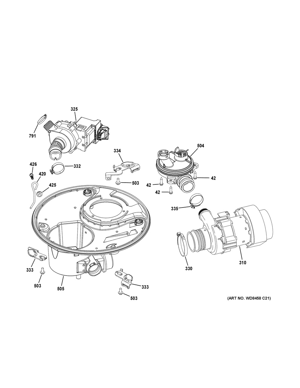 Sump & Motor Mechanism Diagram and Parts List for GDF510PGJ6WW  General Electric Dishwasher
