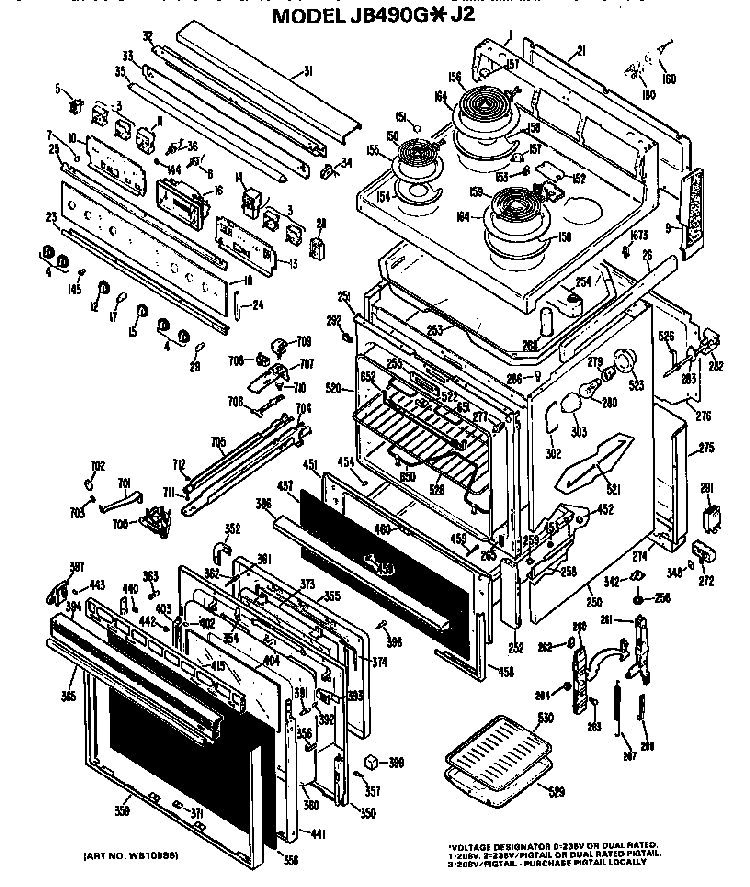 Main Body/cooktop/controls Diagram and Parts List for JB490G*J2  General Electric Range