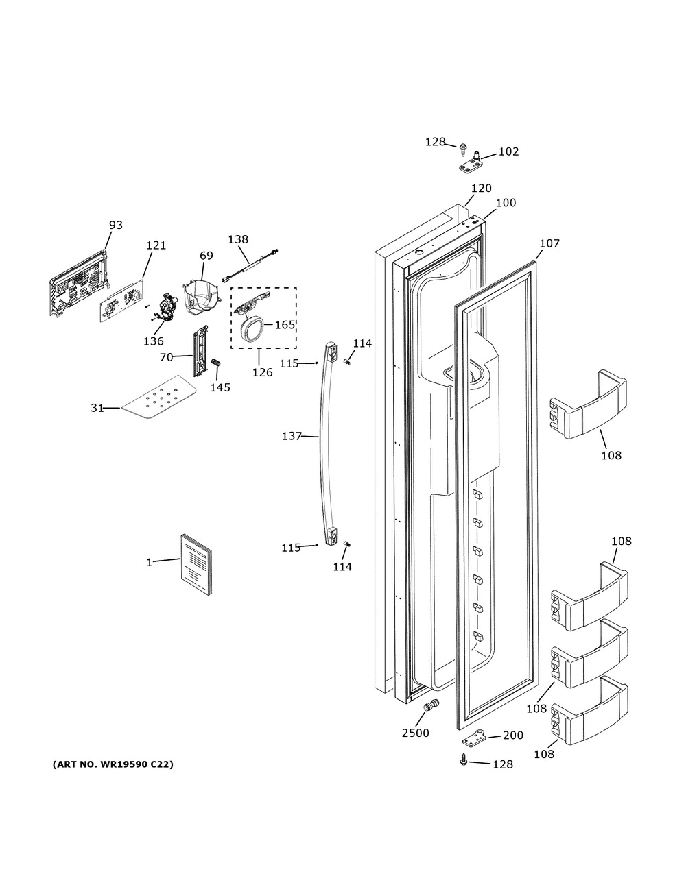 Freezer Door Diagram and Parts List for PSB42YSNKSS  General Electric Refrigerator