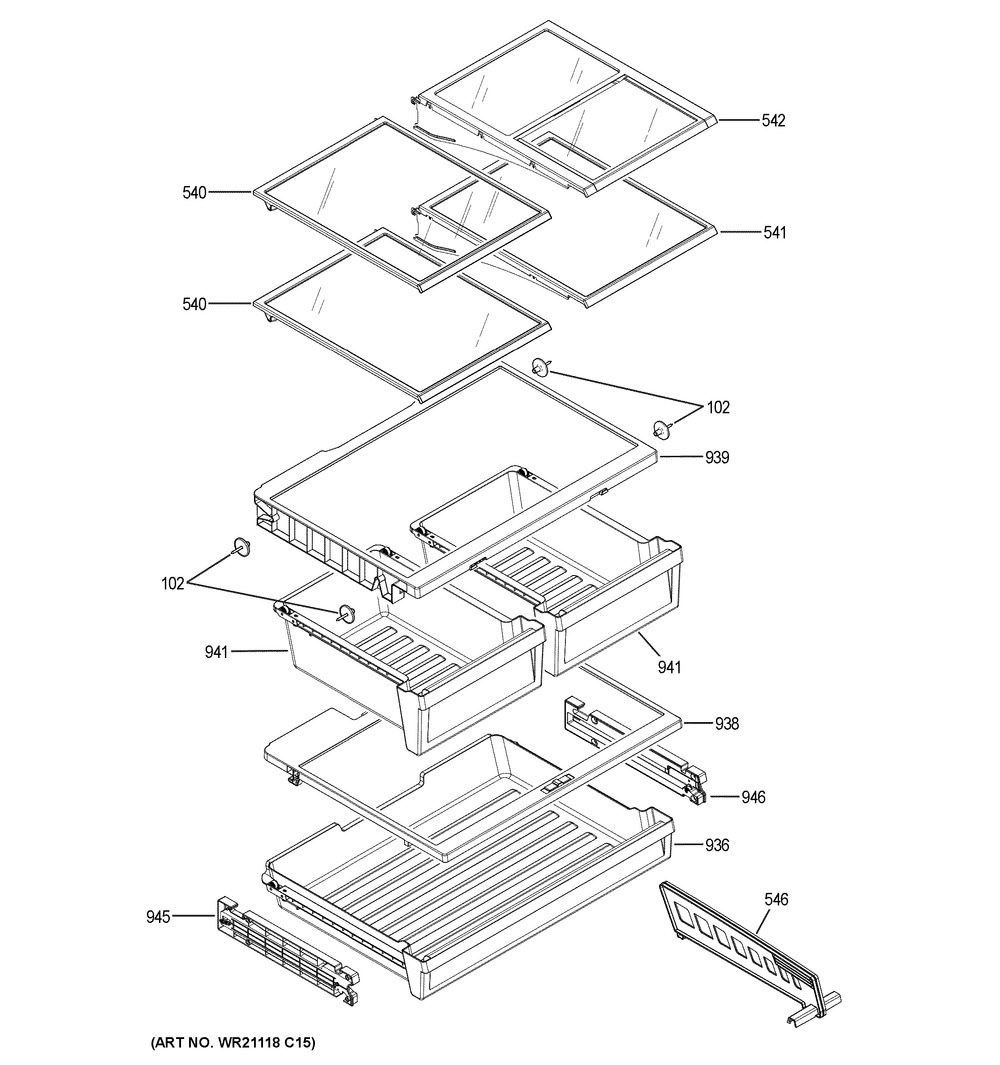 Fresh Food Shelves Diagram and Parts List for GFE24JBLJFTS  General Electric Refrigerator