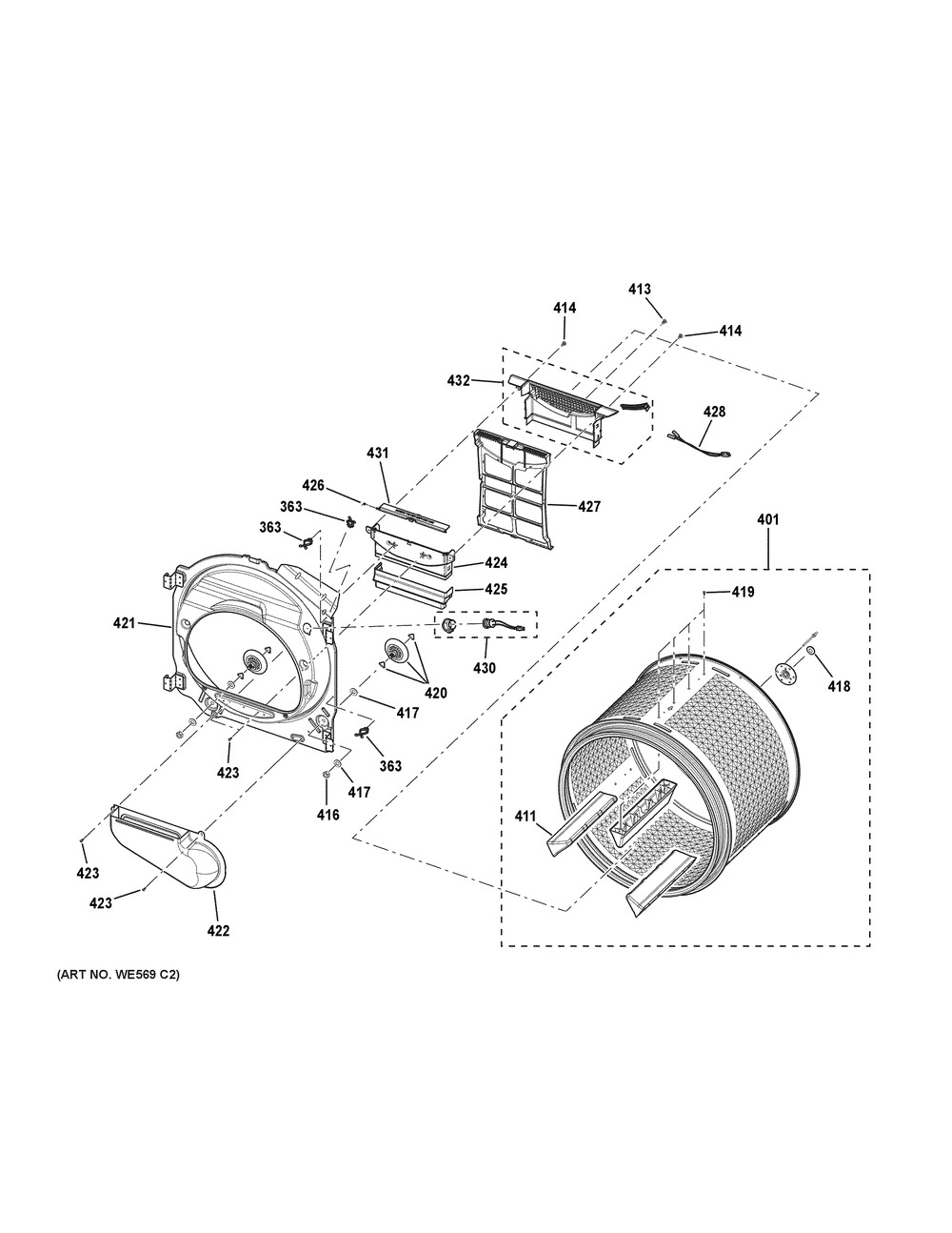 Drum Diagram and Parts List for DCVH480EK1WW  General Electric Dryer