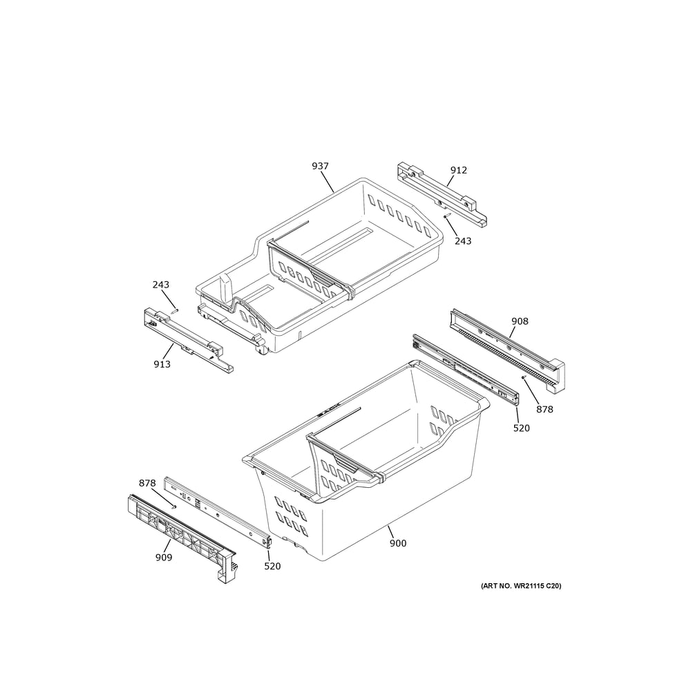 Freezer Shelves Diagram and Parts List for GYE21JYMCFFS  General Electric Refrigerator