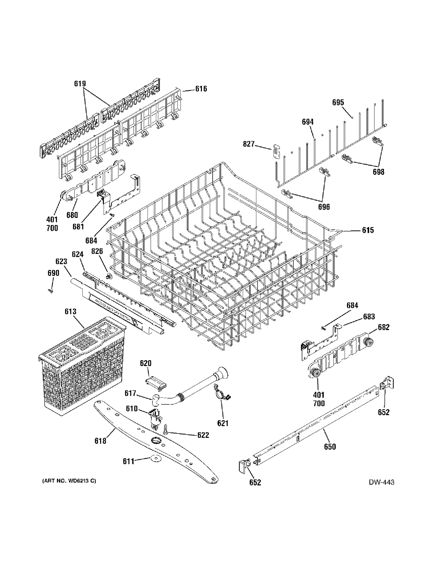 UPPER RACK Diagram and Parts List for PDW7912N00SS  General Electric Dishwasher