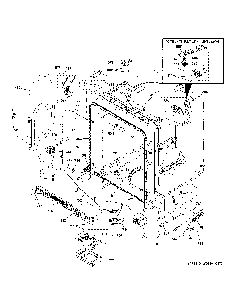 Body Parts Diagram and Parts List for GDF450PGRAWW  General Electric Dishwasher