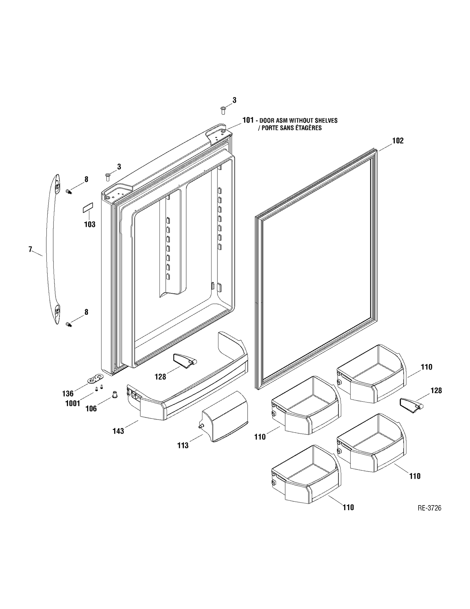 FF DOOR Diagram and Parts List for PDRS0MBYALSS  General Electric Refrigerator