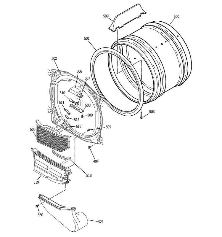 Front Bulkhead, Air Duct & Cylinder Diagram and Parts List for DDSS475GA1WW  General Electric Dryer