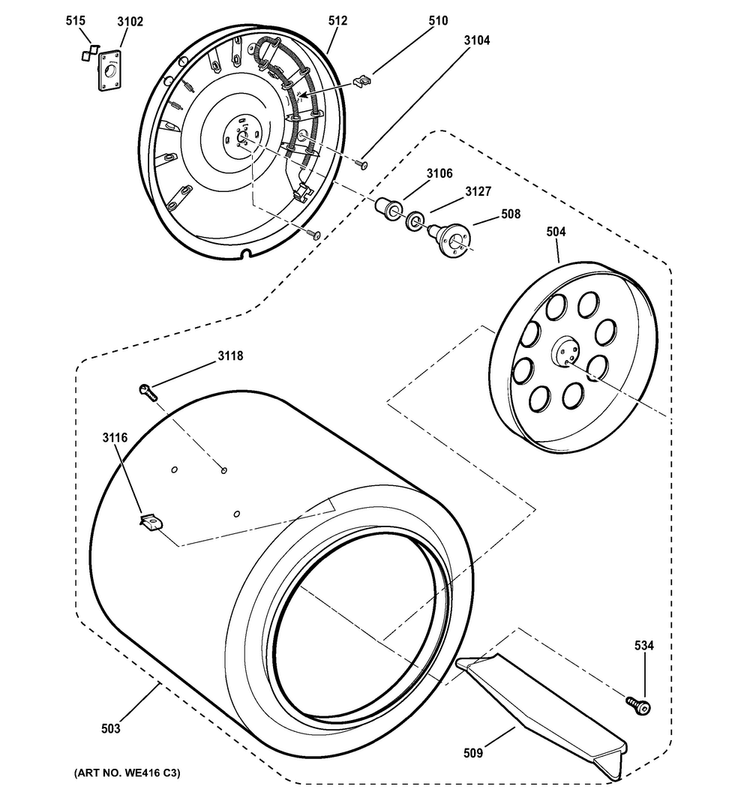 Drum Diagram and Parts List for DSKP333EC5WW  General Electric Dryer
