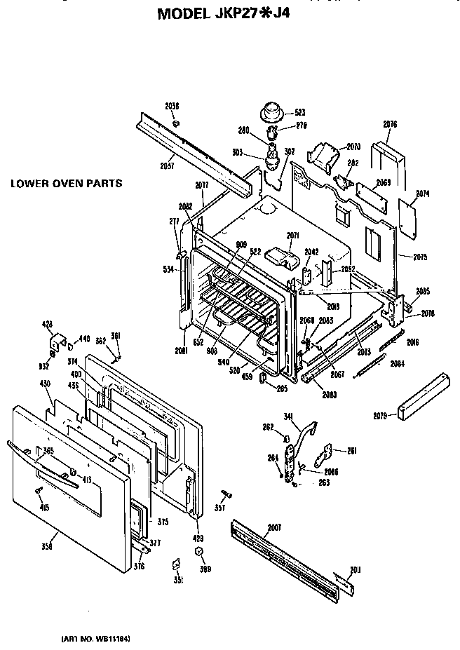 Lower Oven Diagram and Parts List for JKP27J4  General Electric Wall Oven