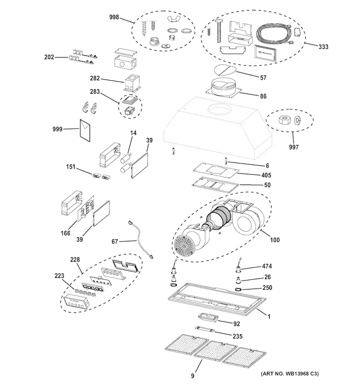 Hood Parts Diagram and Parts List for ZVC42L5SS  General Electric Range Hood