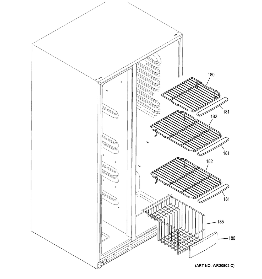 Freezer Shelves Diagram and Parts List for GSE25GYPHCFS  General Electric Refrigerator