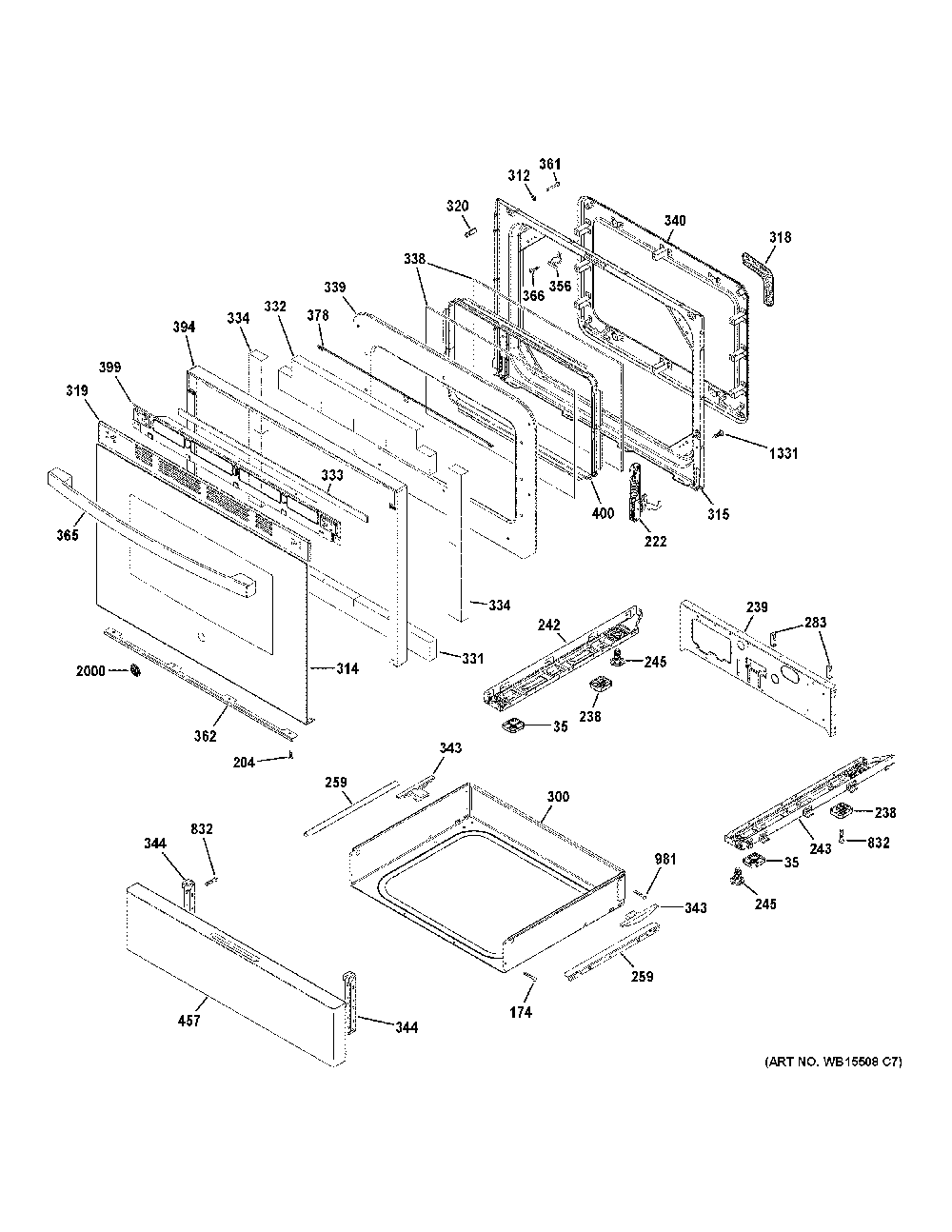 Door And Drawer Parts Diagram and Parts List for JGSS66EEL4ES  General Electric Range