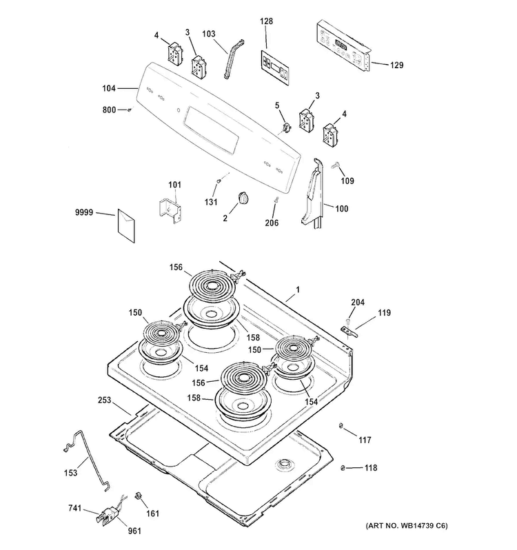 Control Panel & Cooktop Diagram and Parts List for JB255RK1SS  General Electric Range