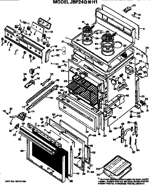 Main Body/cooktop/controls Diagram and Parts List for JBP24G*H1  General Electric Range