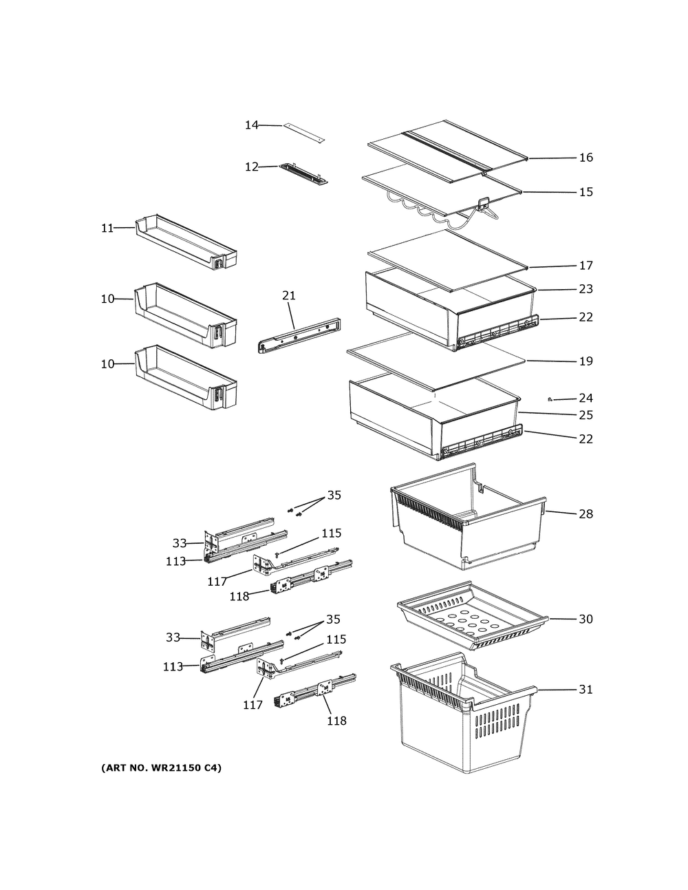 Shelves And Drawers Diagram and Parts List for GLE12HSPBRSS  General Electric Refrigerator
