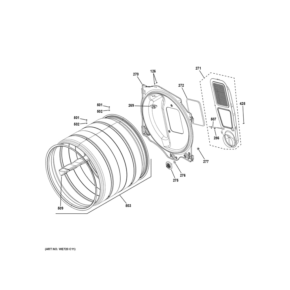 Drum 1 Diagram and Parts List for GFD55ESMN3WW  General Electric Dryer