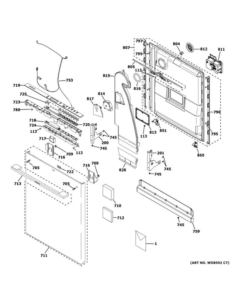 Escutcheon And Door Assembly 1 Diagram and Parts List for ZDT925SSN0SS  General Electric Dishwasher