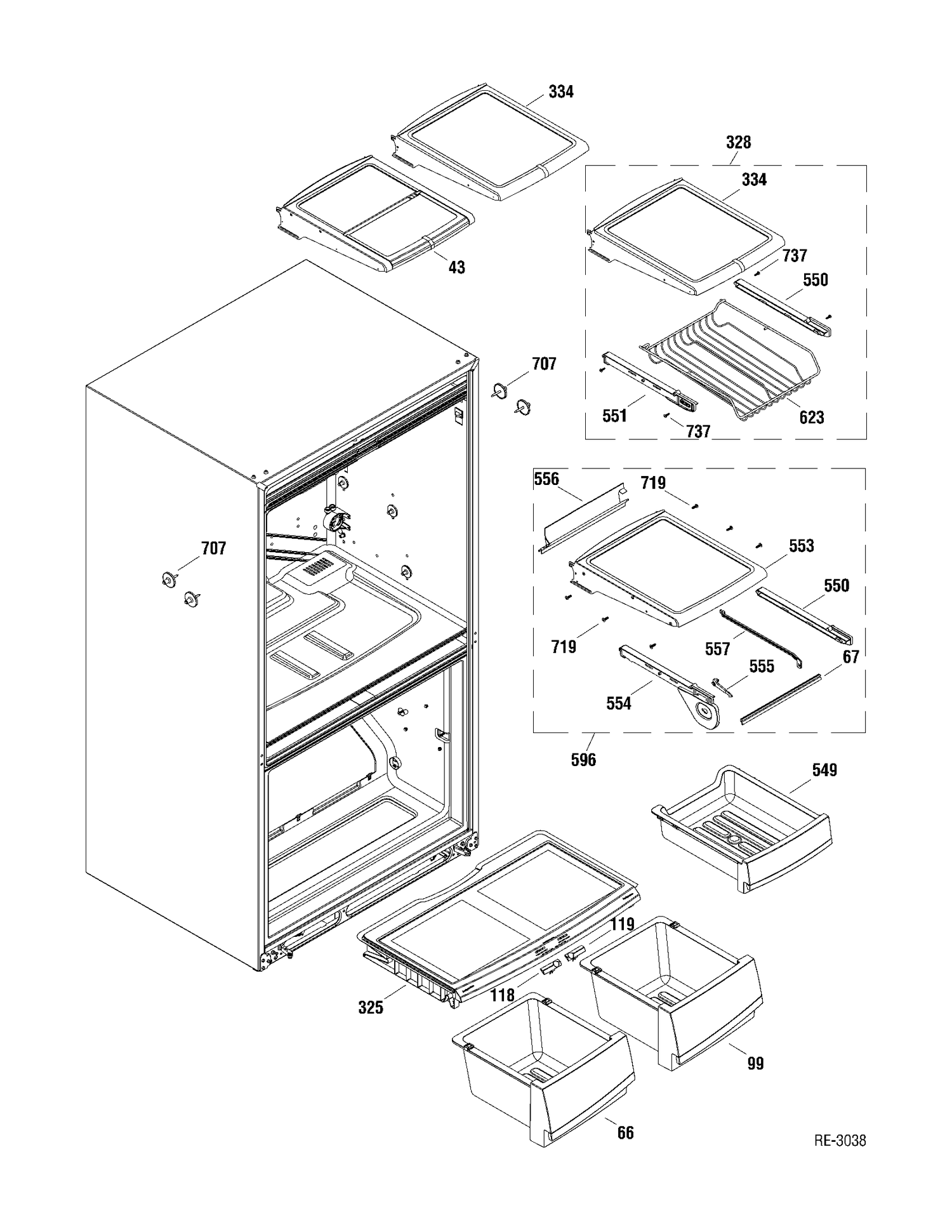 FF SHELVES Diagram and Parts List for PFRS2MJXASS  General Electric Refrigerator