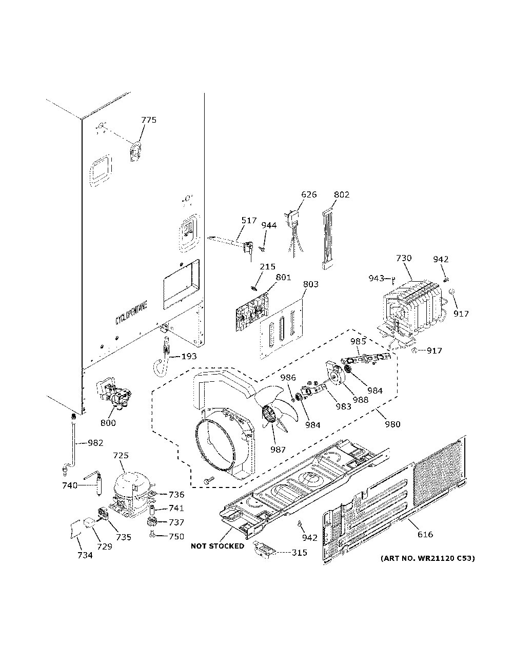 Machine Compartment Diagram and Parts List for GWE19JGLWFBB  General Electric Refrigerator