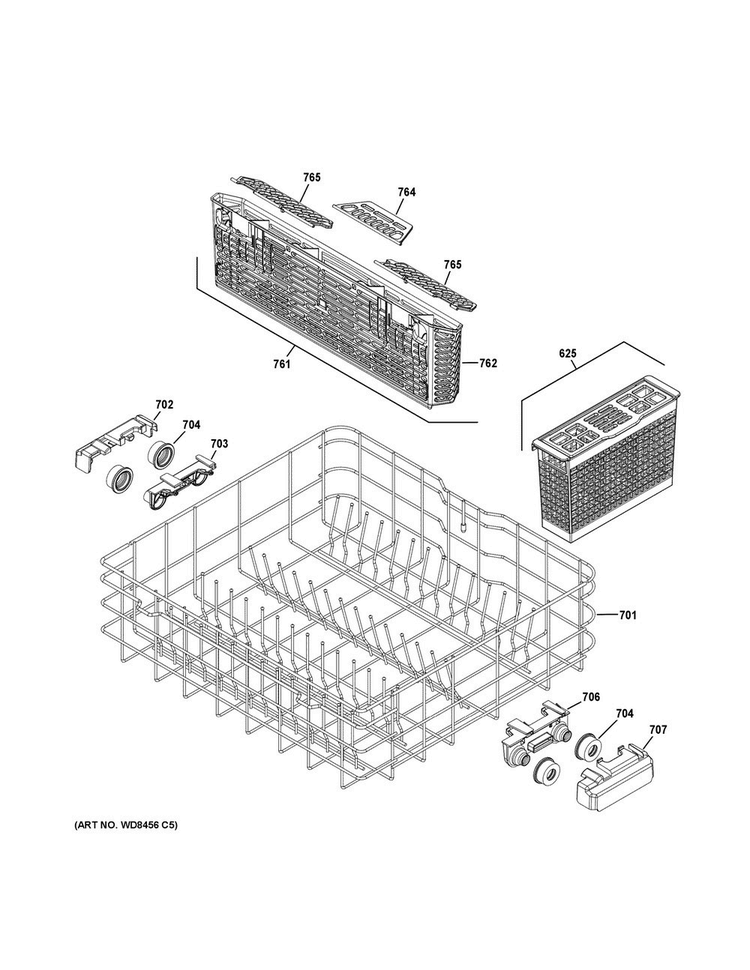 Lower Rack Assembly Diagram and Parts List for GDF520PSF6SS  General Electric Dishwasher