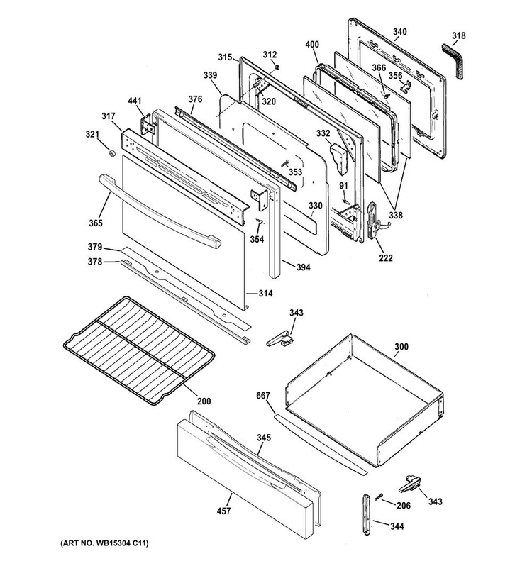 Door & Drawer Parts Diagram and Parts List for JGB620DEF1WW  General Electric Range
