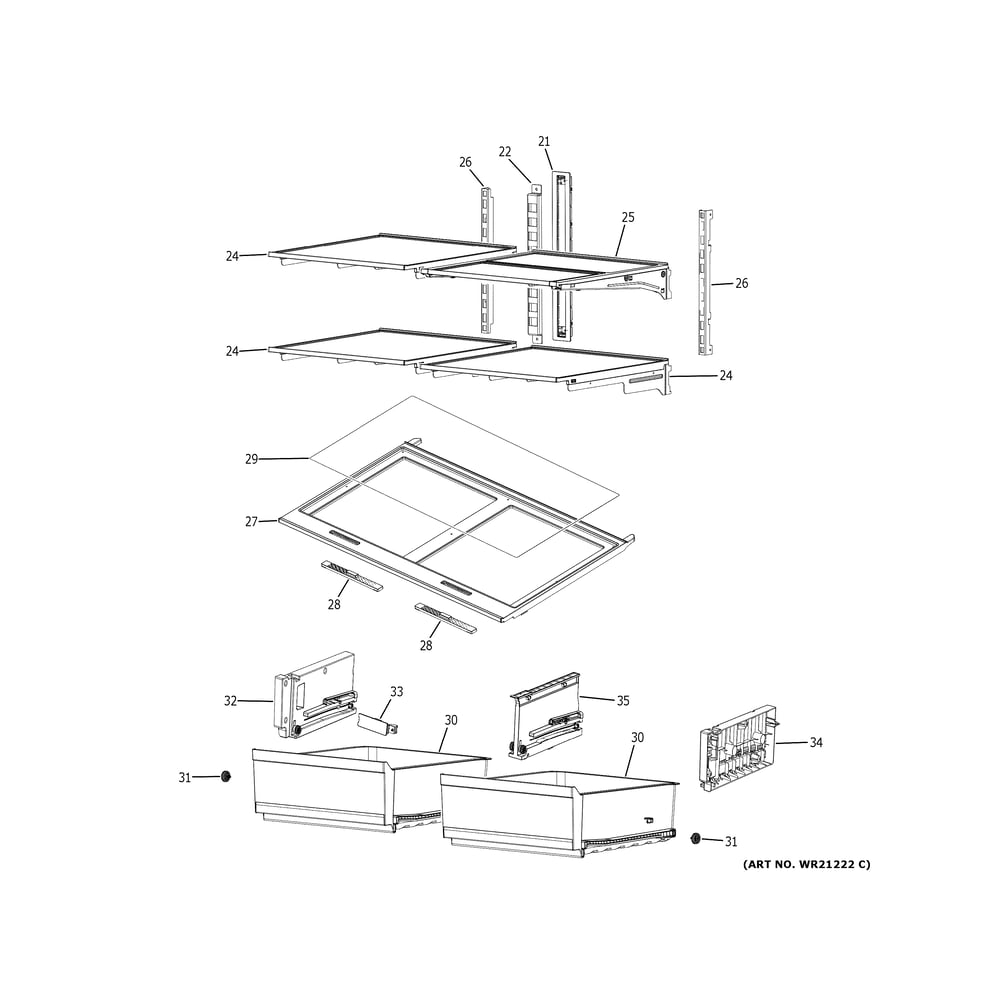 Refrigerator Shelves Diagram and Parts List for PXD22BYPCFS  General Electric Refrigerator