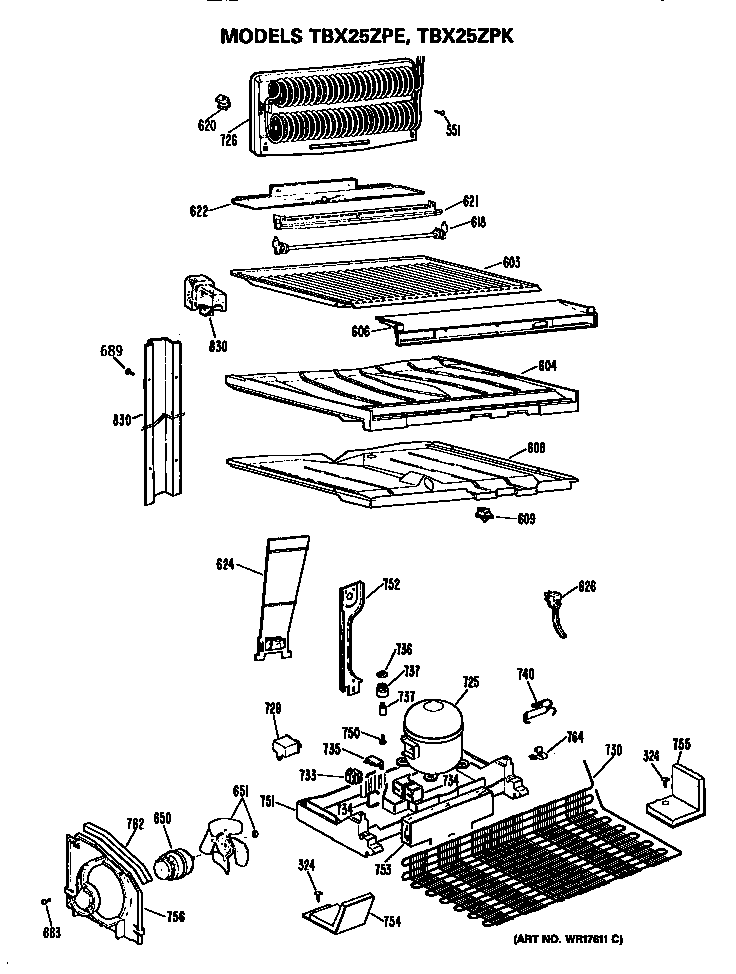 Unit Diagram and Parts List for TBX25ZPERAD  General Electric Refrigerator