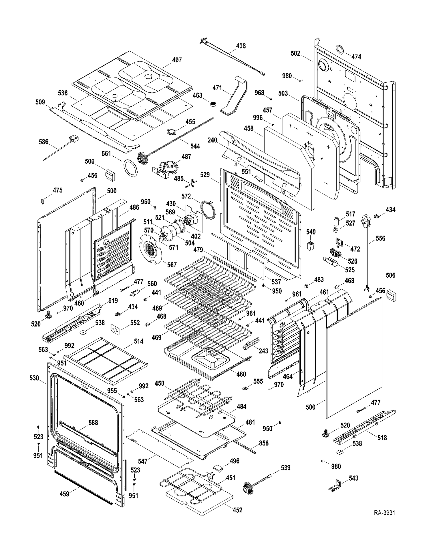 BODY PARTS Diagram and Parts List for PCB970SR1SS  General Electric Range