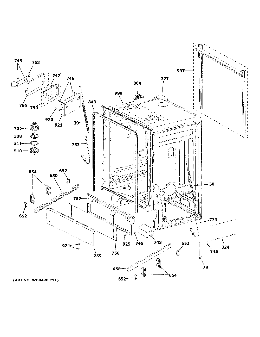 Body parts Diagram and Parts List for GDT226SGL1BB  General Electric Dishwasher