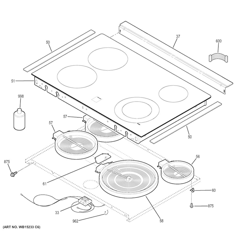 Cooktop Diagram and Parts List for JS630DF4WW  General Electric Range