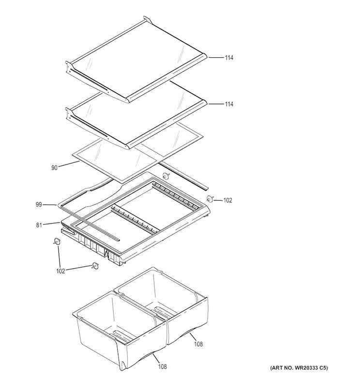 Fresh Food Shelves Diagram and Parts List for ABE20EGHBRWS  General Electric Refrigerator
