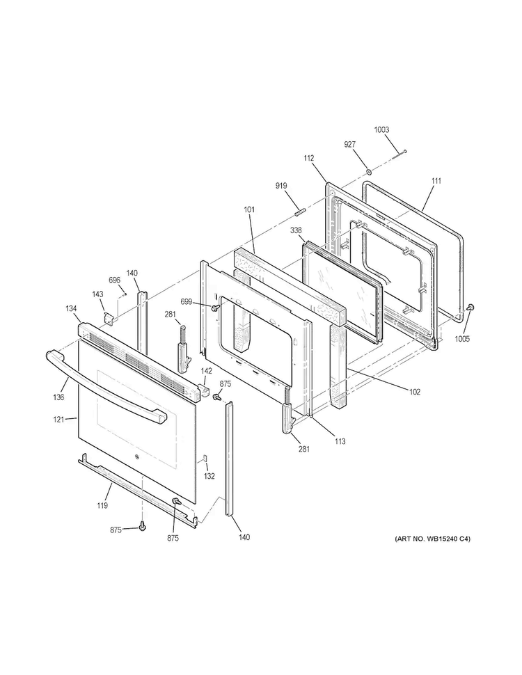 Door Diagram and Parts List for JB250DF6WW  General Electric Range