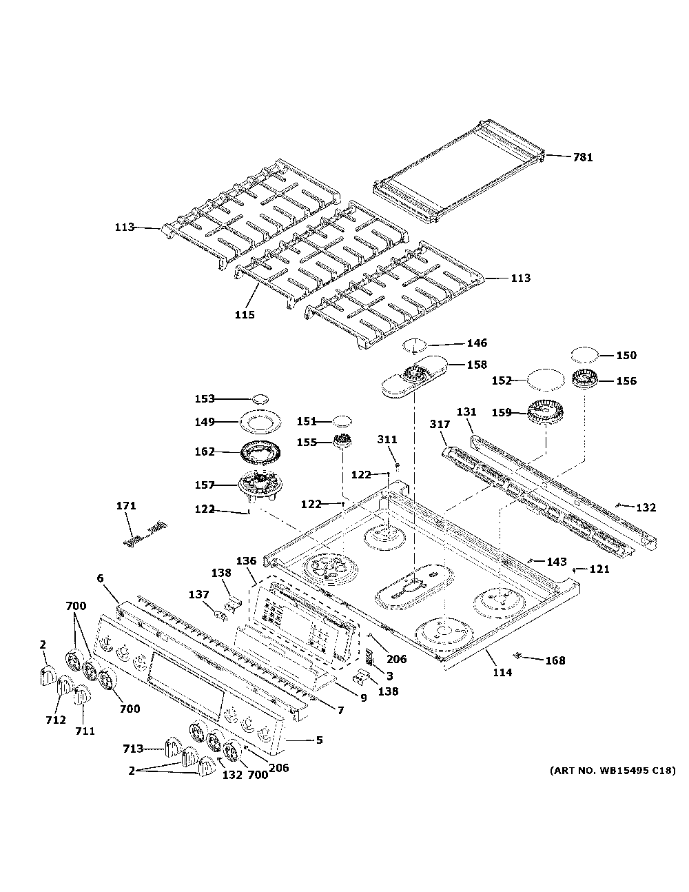 Control panel & cooktop Diagram and Parts List for PGS930BEL4TS  General Electric Range