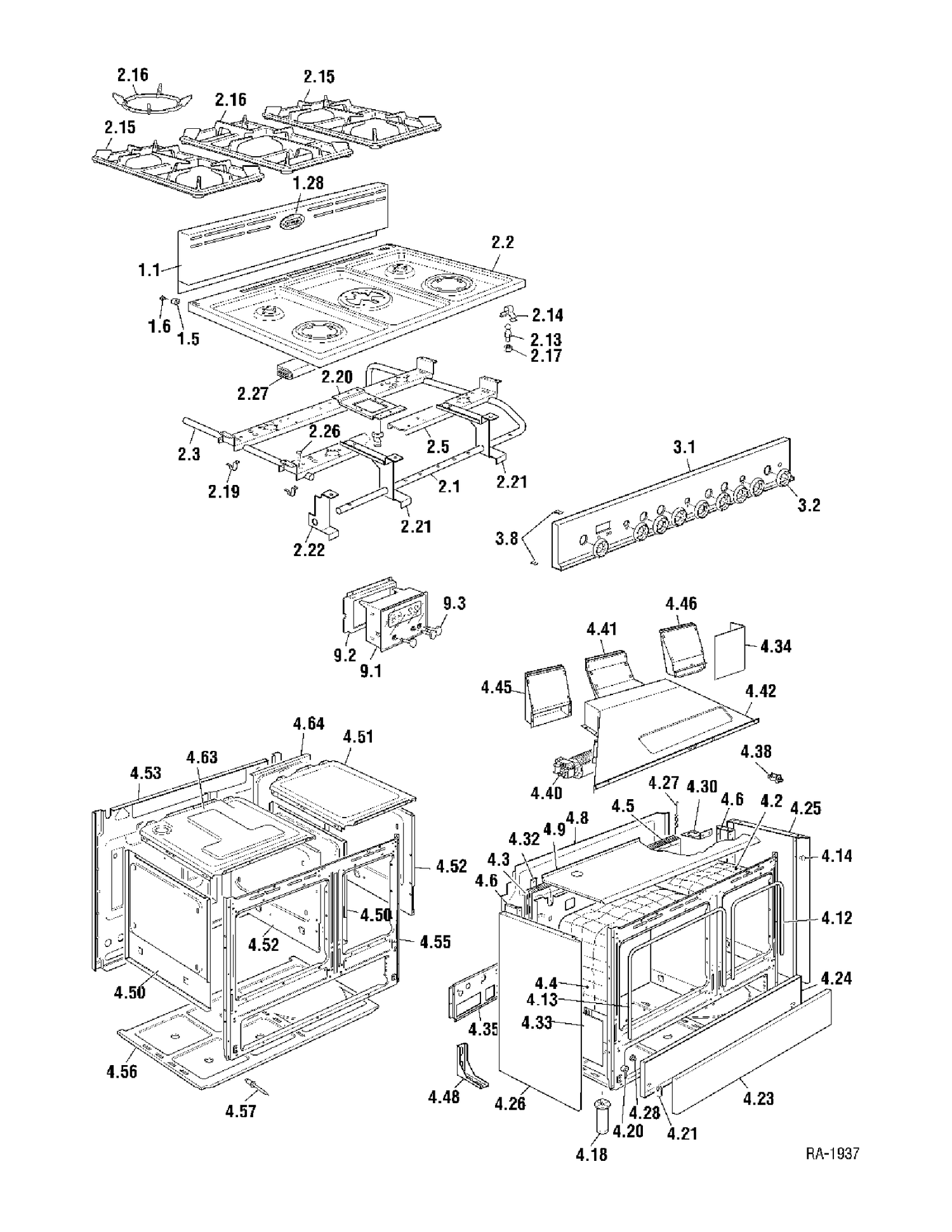COOKTOP & CHASSIS Diagram and Parts List for CFSGGD36K1BS  General Electric Range