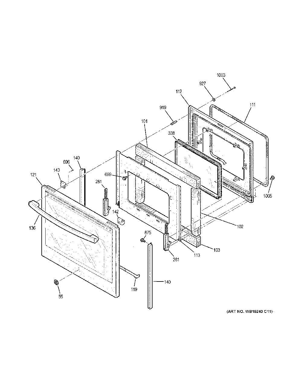 Door Diagram and Parts List for JB750BJ8TS  General Electric Range