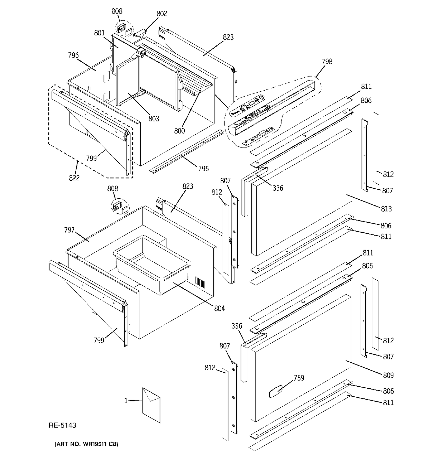 DOORS AND CONTROLS Diagram and Parts List for ZIDI240WAII  General Electric Refrigerator