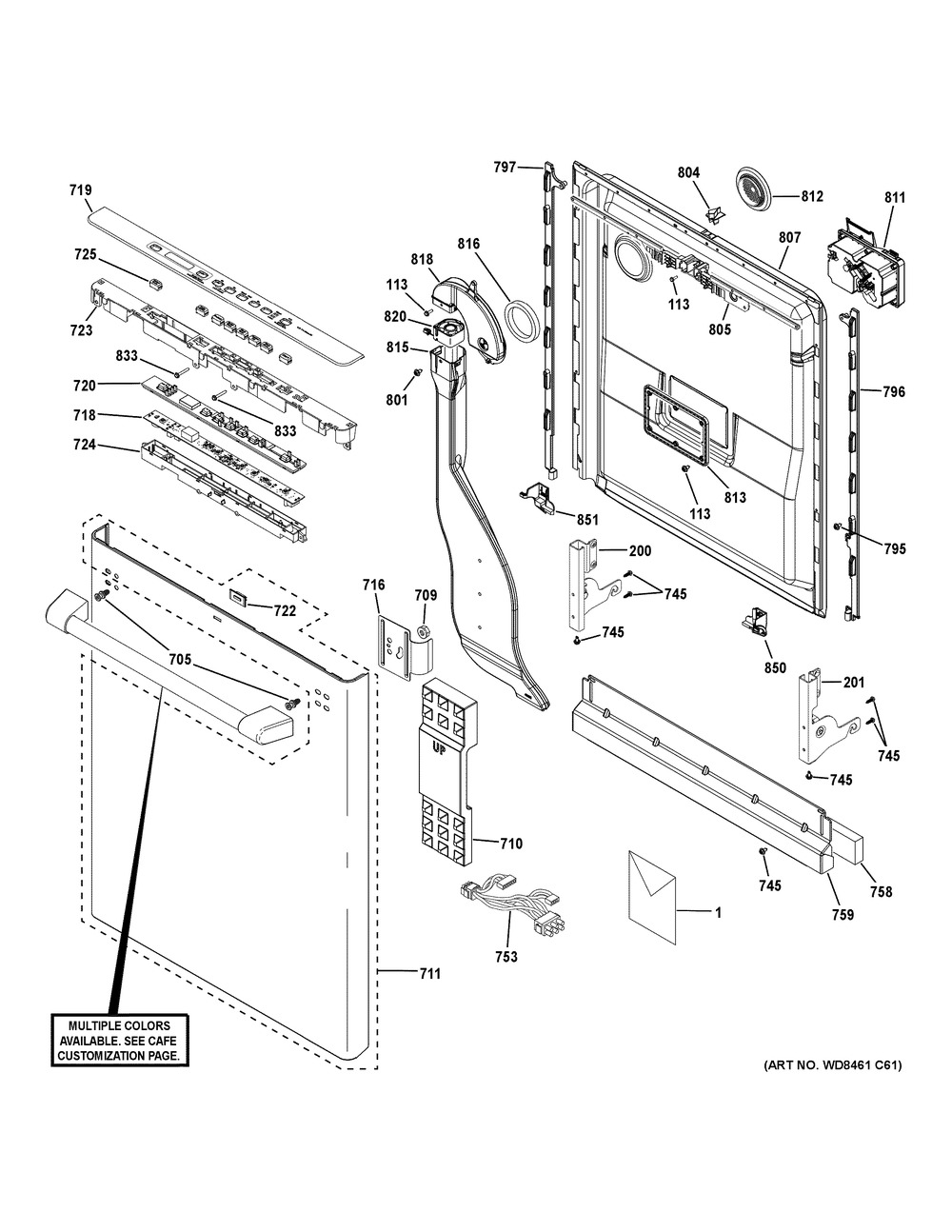 Escutcheon & Door Assembly Diagram and Parts List for CDT836P3M5D1  General Electric Dishwasher