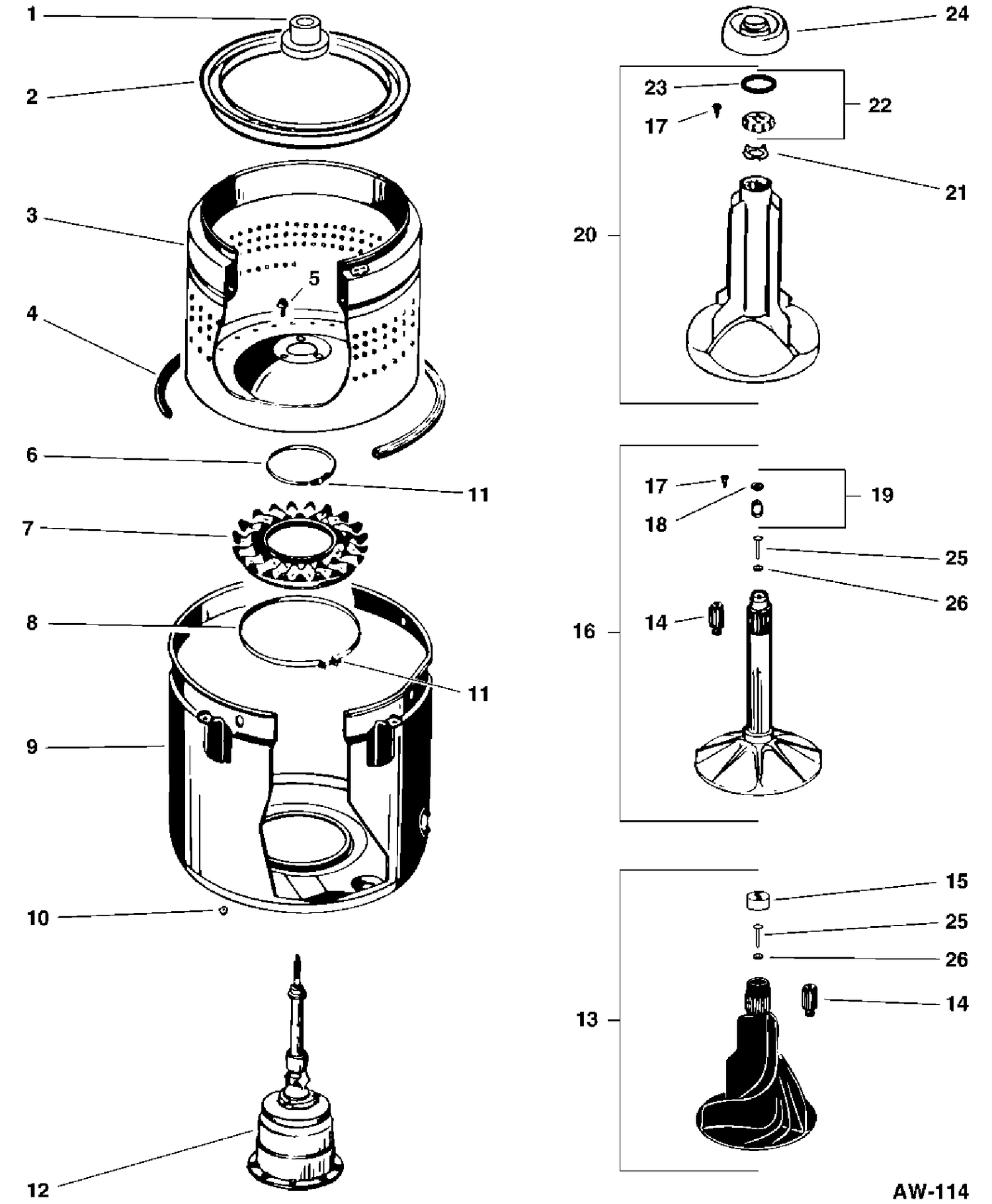 TUB & AGITATOR ASM. Diagram and Parts List for 55325119  General Electric Washer