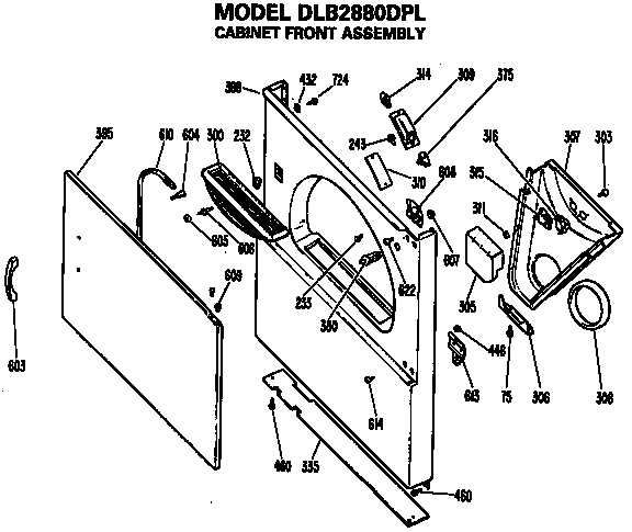 Cabinet Front Assembly Diagram and Parts List for DLB2880DPL  Hotpoint Dryer