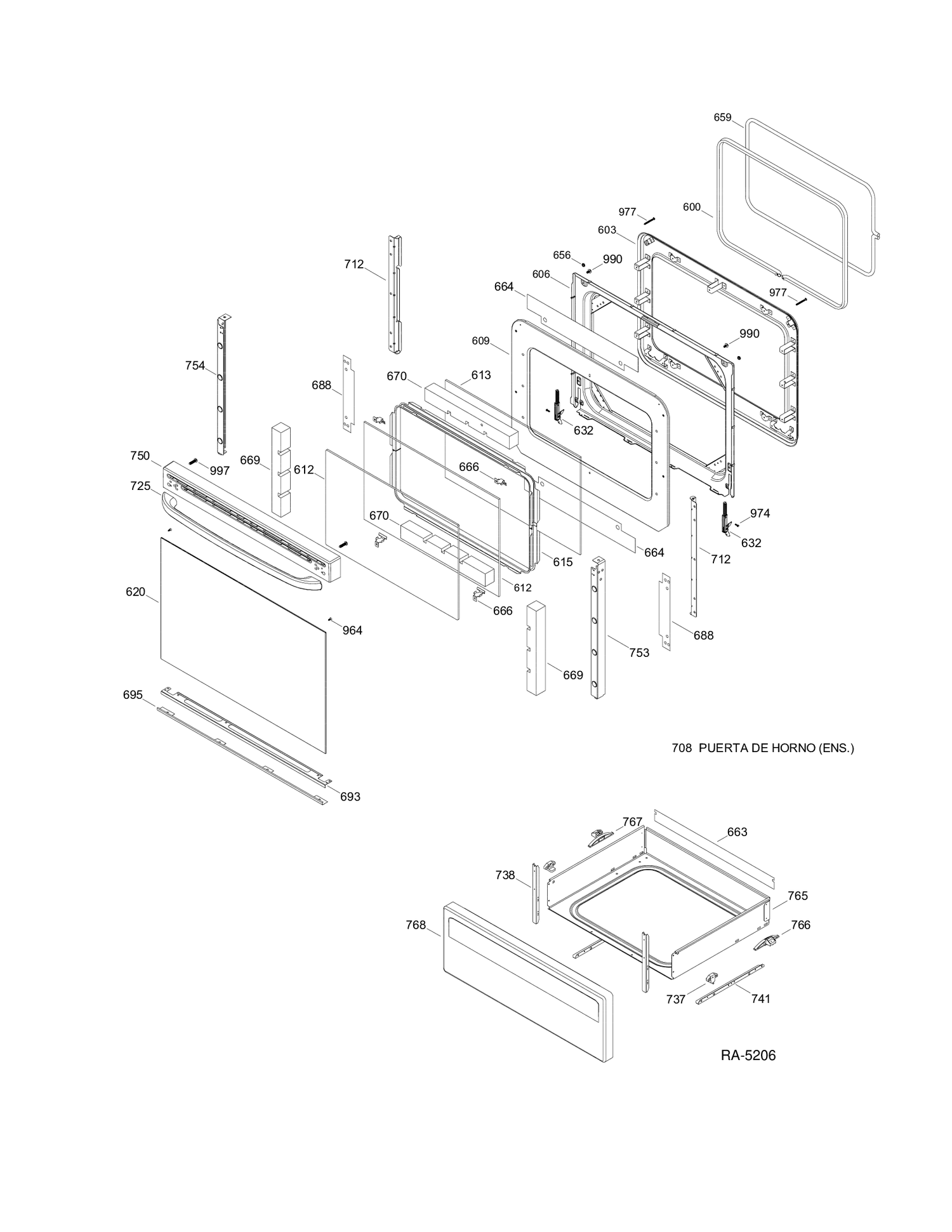 DOOR & DRAWER PARTS Diagram and Parts List for JCBP350DT2BB  General Electric Range