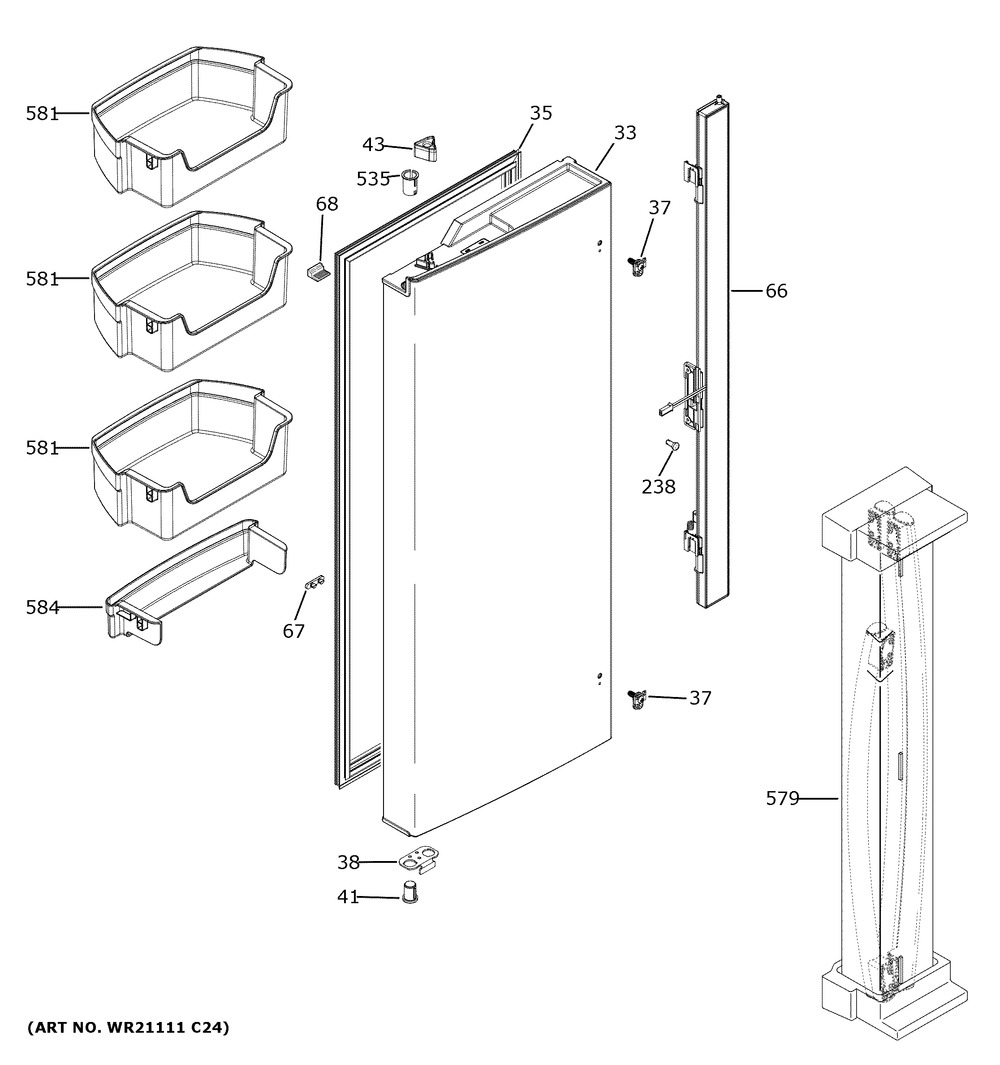 Fresh Food Door - Lh Diagram and Parts List for GWE19JSLDFSS  General Electric Refrigerator