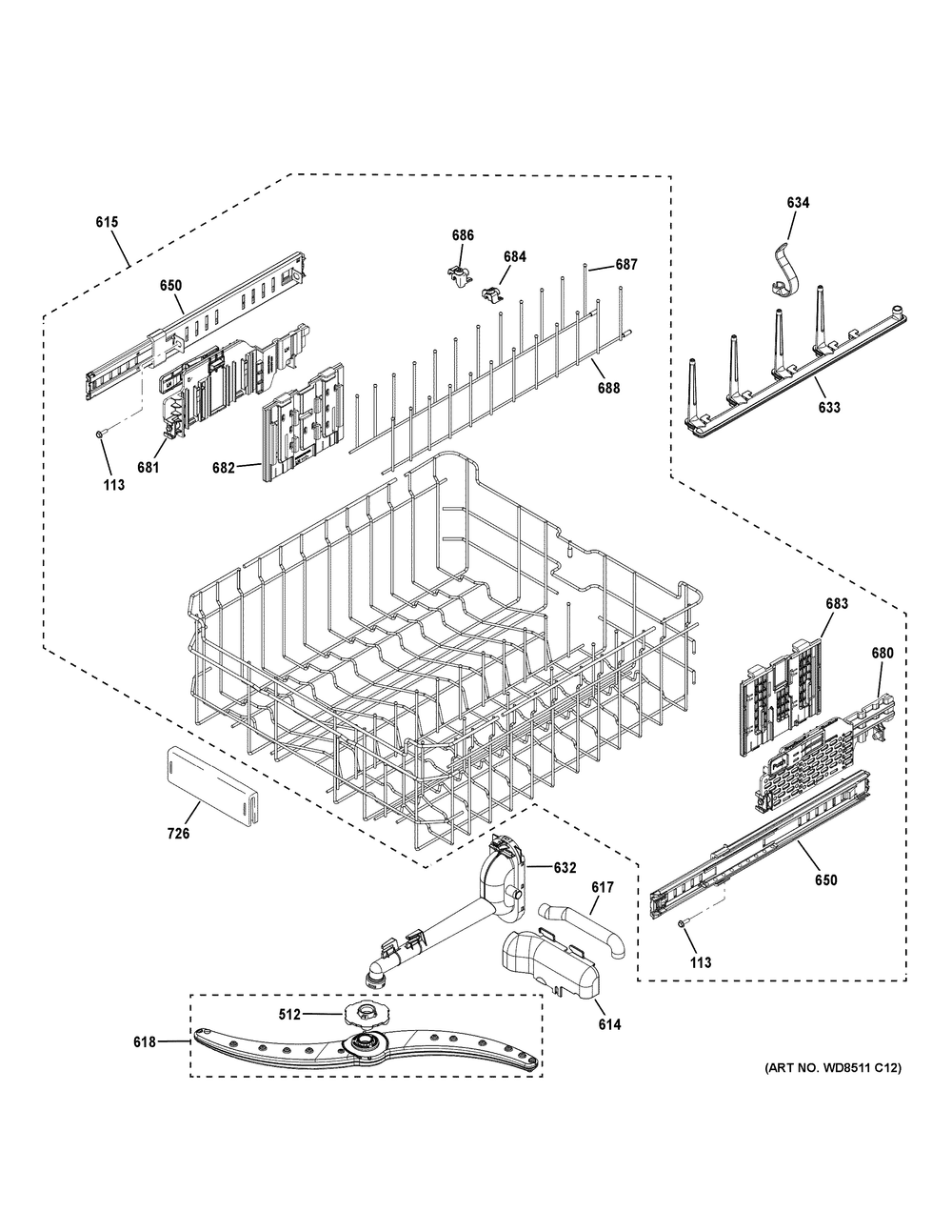 Upper Rack Assembly Diagram and Parts List for PDP795SYV3FS  General Electric Dishwasher