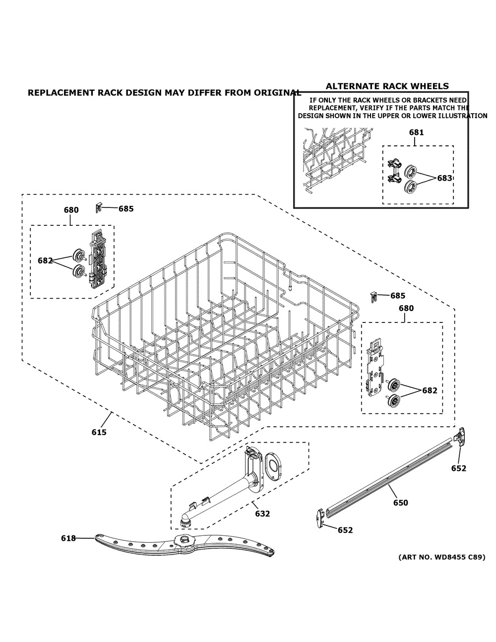 Upper Rack Assembly Diagram and Parts List for GDF450PGR5WW  General Electric Dishwasher
