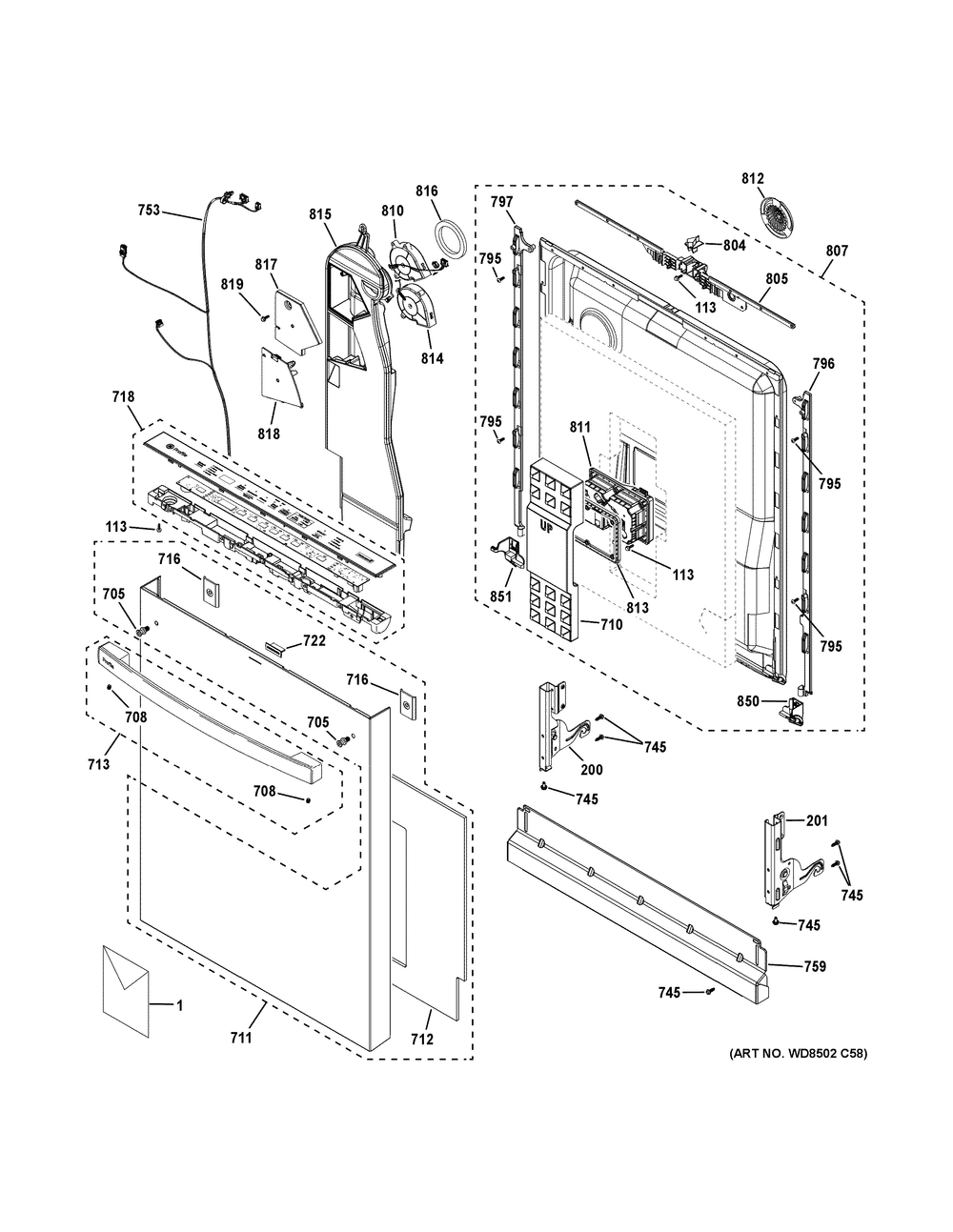 Escutcheon And Door Assembly Diagram and Parts List for PDT795SBV1TS  General Electric Dishwasher