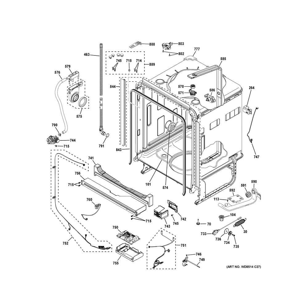 Body Parts (1) Diagram and Parts List for PDT715SYV3FS  General Electric Dishwasher