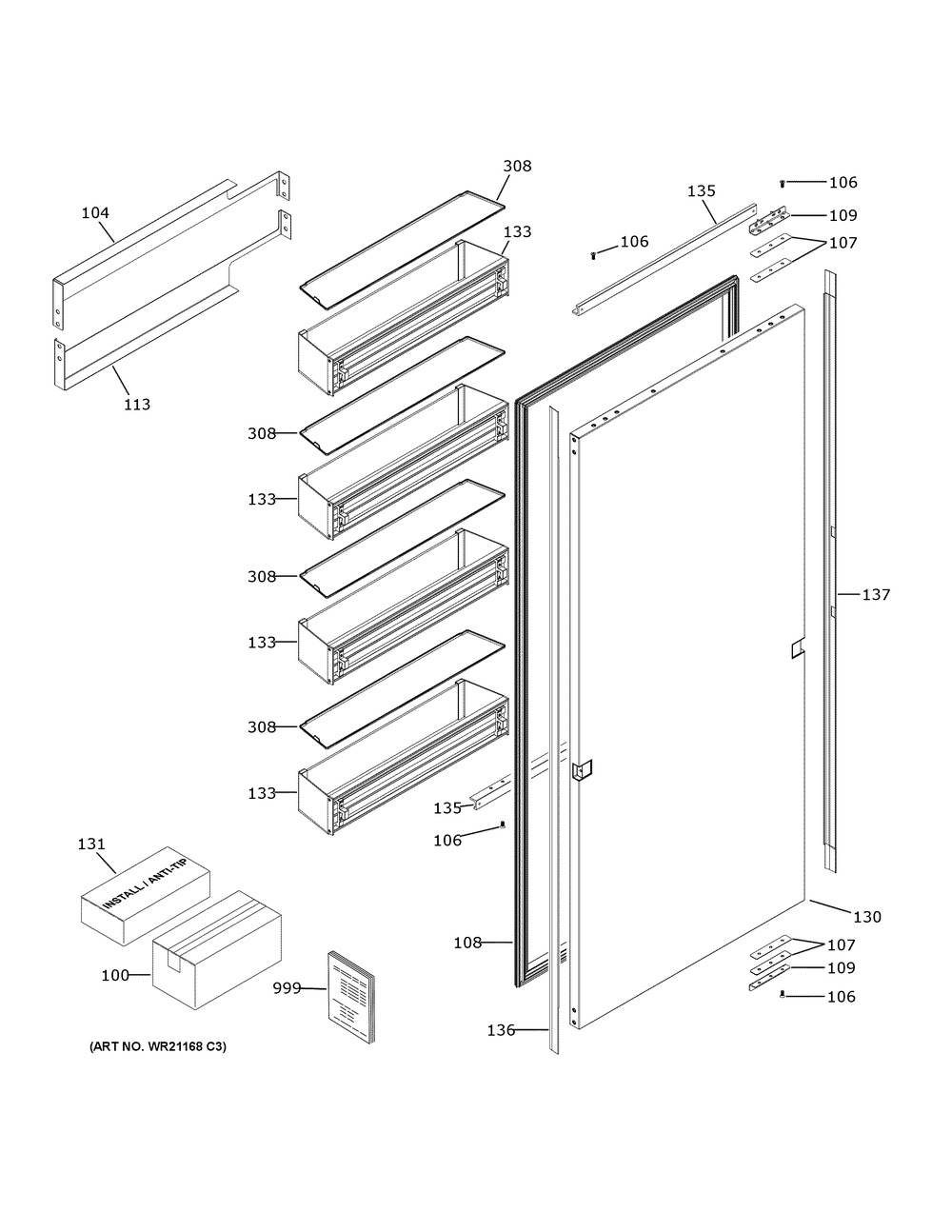 Door Diagram and Parts List for ZIR361NPRCII  General Electric Refrigerator
