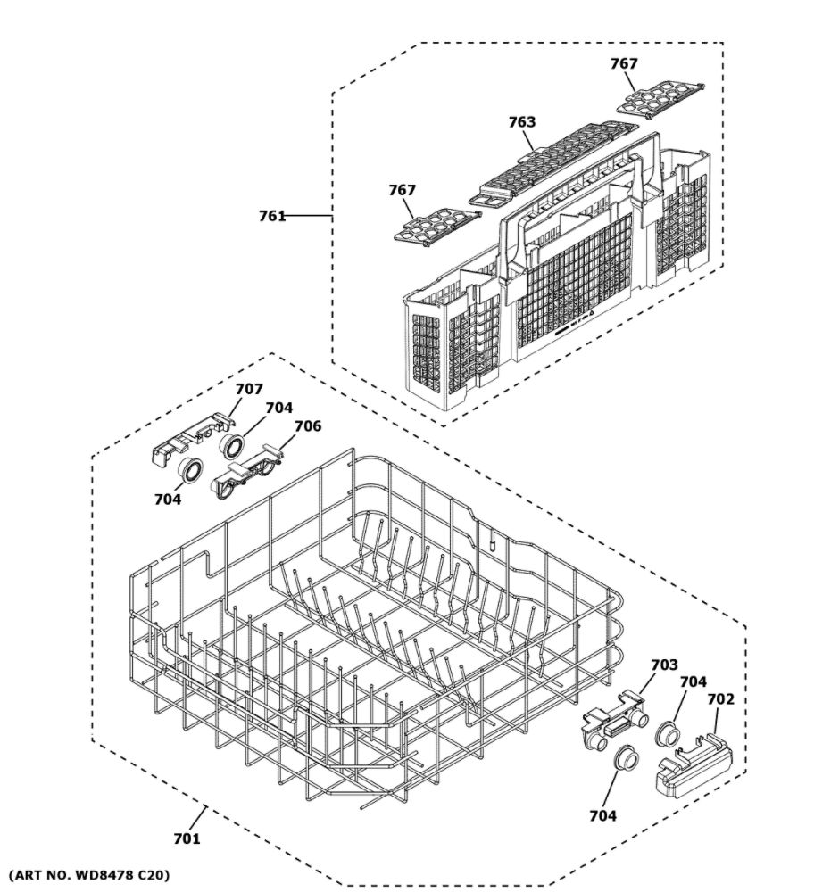 Lower Rack Assembly Diagram and Parts List for GDT645SGN2BB  General Electric Dishwasher