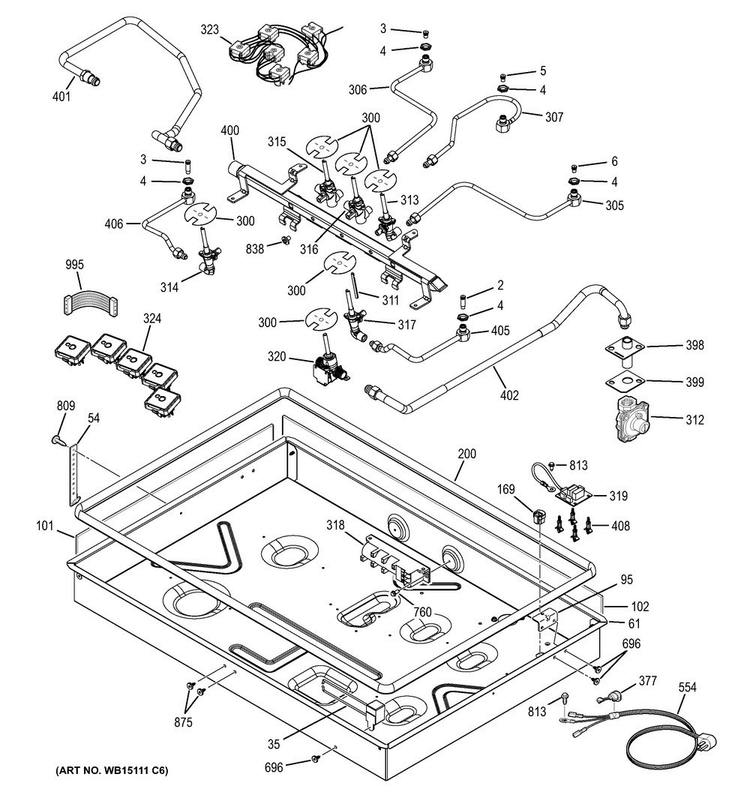 Gas & Burner Parts Diagram and Parts List for PGP976DET2BB  General Electric Cooktop