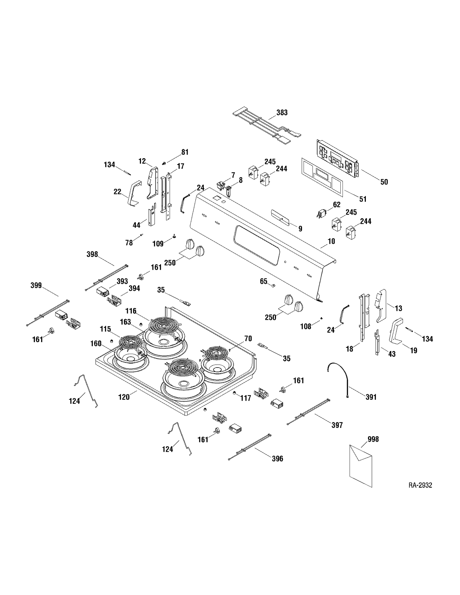 CONTROLS & COOKTOP Diagram and Parts List for RCB757DN1WW  General Electric Range